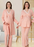 Pyjama Maternité 3 Pièces - Coton Doux avec Robe | Bleu Clair & Rose Pêche - Allaitement- Dentelle