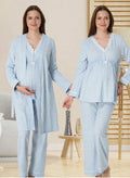 Pyjama Maternité 3 Pièces - Coton Doux avec Robe | Bleu Clair & Rose Pêche - Dentelle