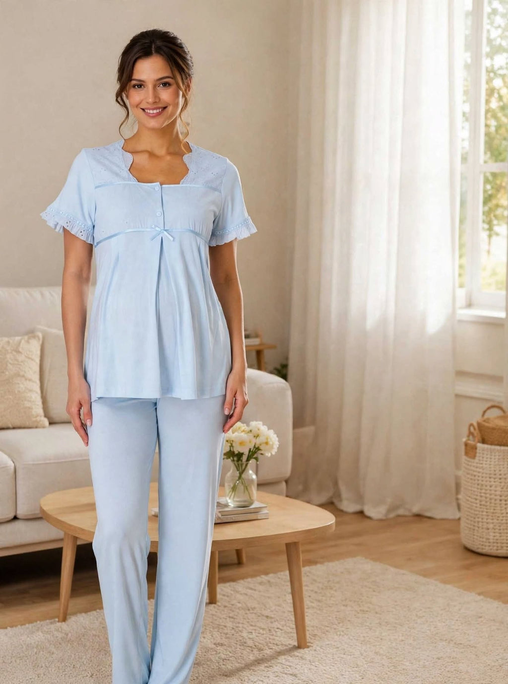 Pyjama Maternité 3 Pièces Rose Poudré - Bicolore Robe Longue + Top + Pantalon - Allaitement & Grossesse