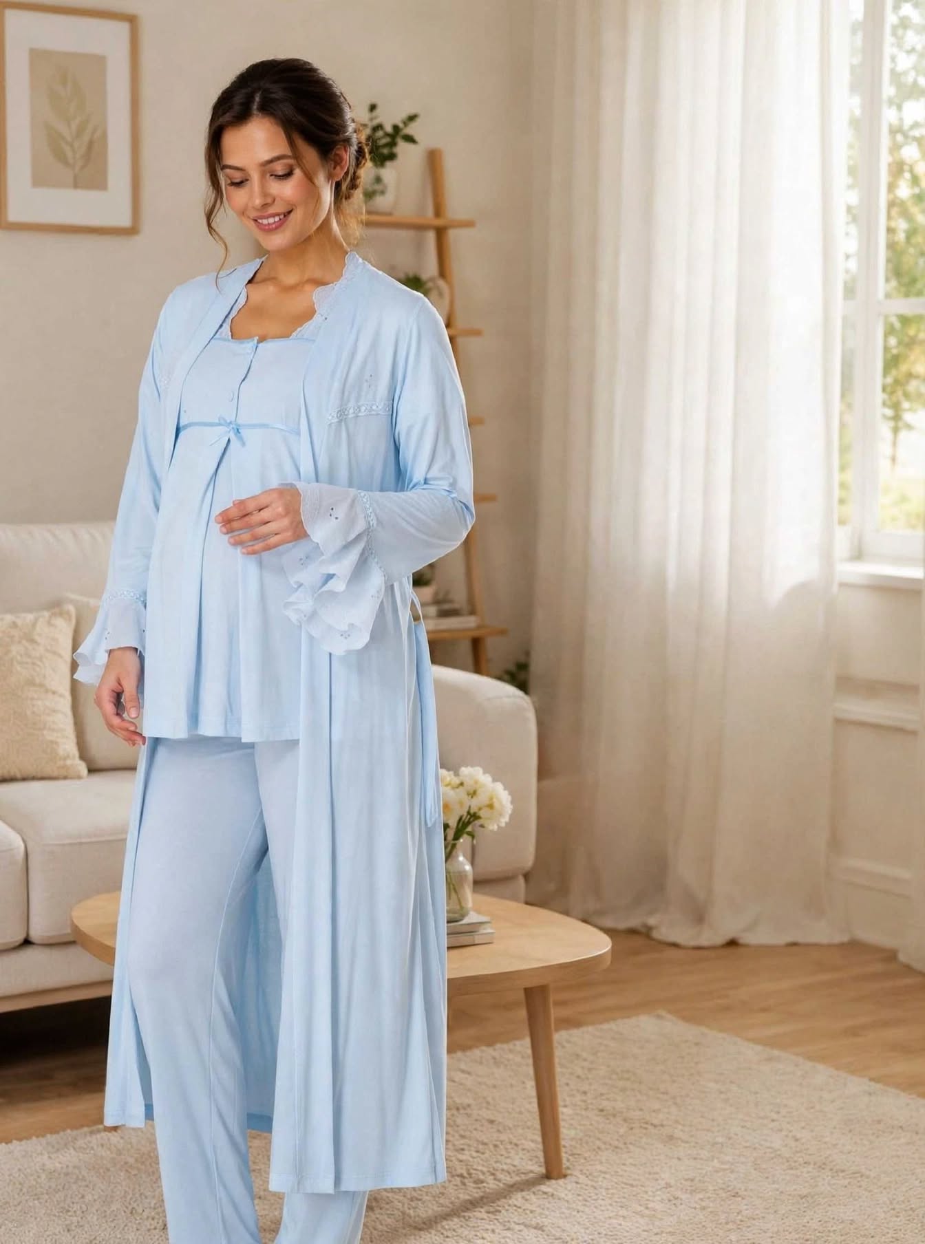Pyjama Maternité 3 Pièces Rose Poudré - Bicolore Robe Longue + Top + Pantalon - Allaitement & Grossesse