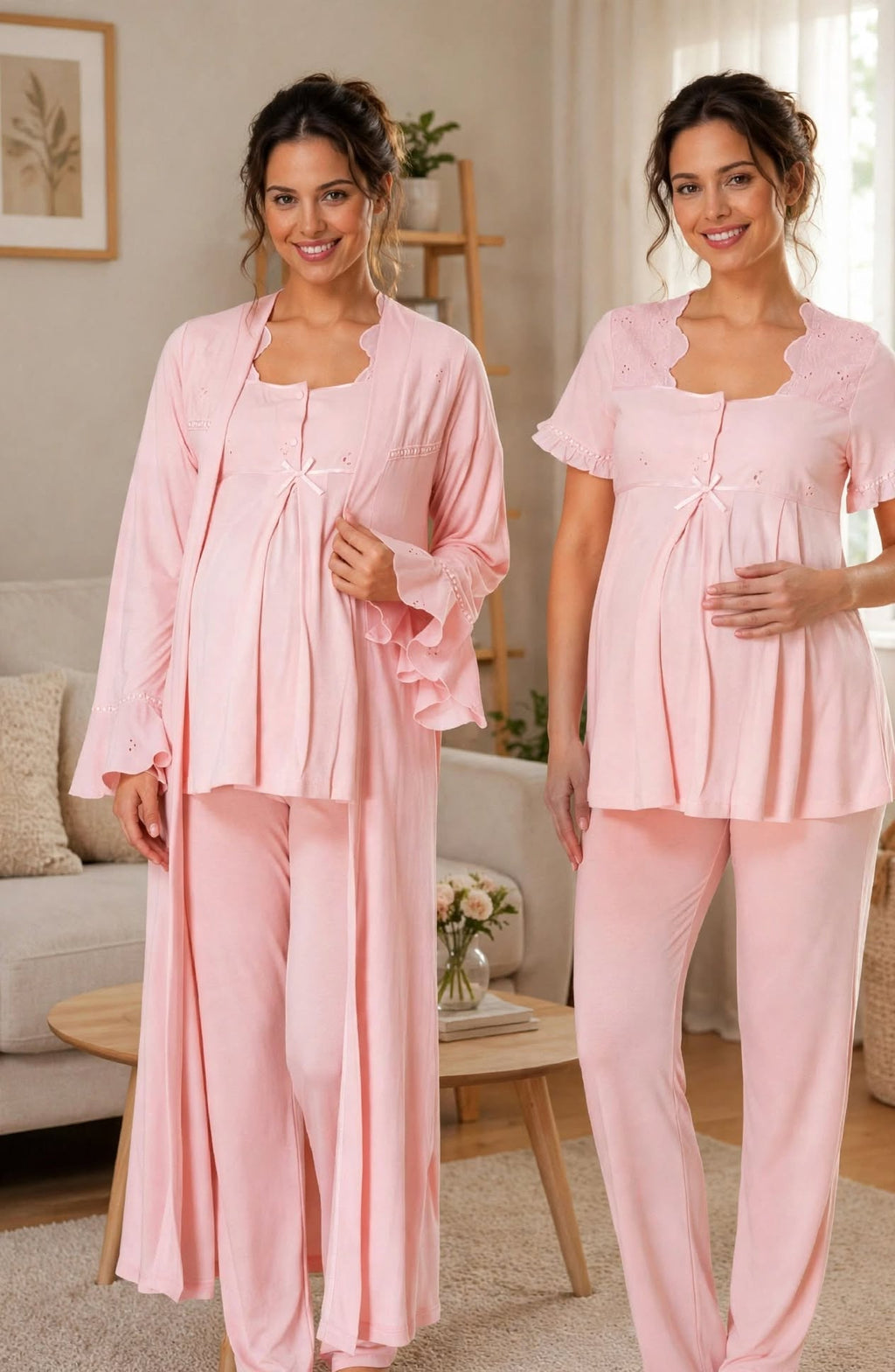 Pyjama Maternité 3 Pièces Rose Poudré - Bicolore Robe Longue + Top + Pantalon - Allaitement & Grossesse