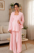 Pyjama Maternité 3 Pièces Rose Poudré - Bicolore Robe Longue + Top + Pantalon - Allaitement & Grossesse