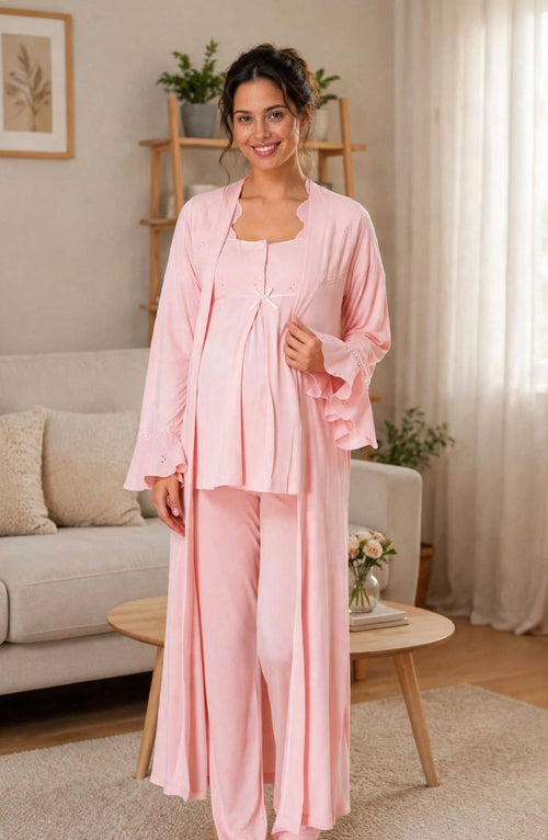 Pyjama Maternité 3 Pièces Rose Poudré - Bicolore Robe Longue + Top + Pantalon - Allaitement & Grossesse