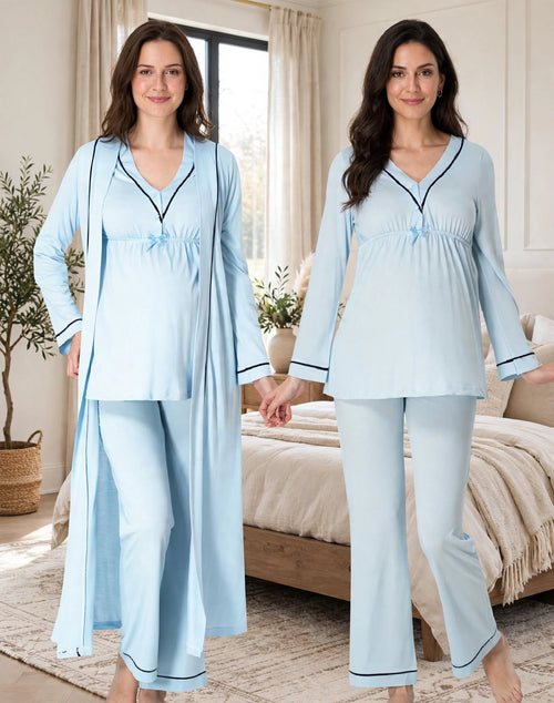 Pyjama Maternité 3 Pièces - Coton Doux avec Robe | Bleu Clair & Rose Pêche - Dentelle