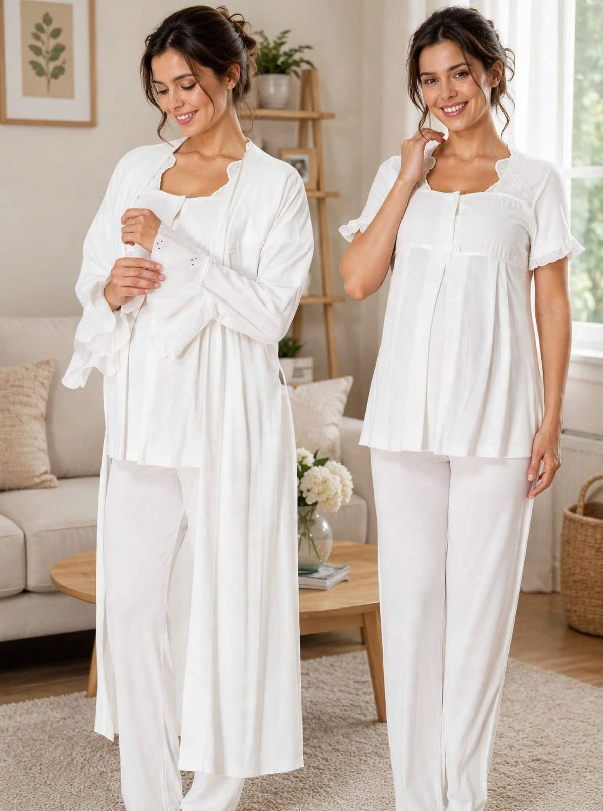 Pyjama Maternité 3 Pièces Rose Poudré - Bicolore Robe Longue + Top + Pantalon - Allaitement & Grossesse