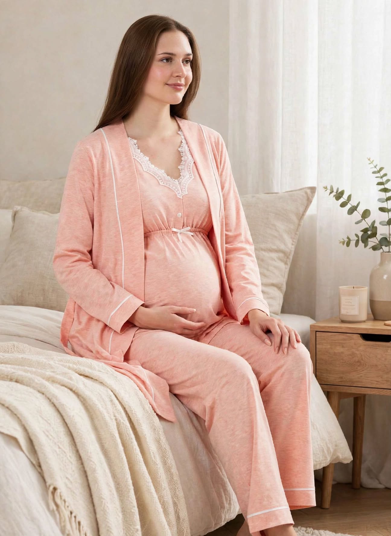 Pyjama Maternité 3 Pièces - Coton Doux avec Robe | Bleu Clair & Rose Pêche - Allaitement- Dentelle