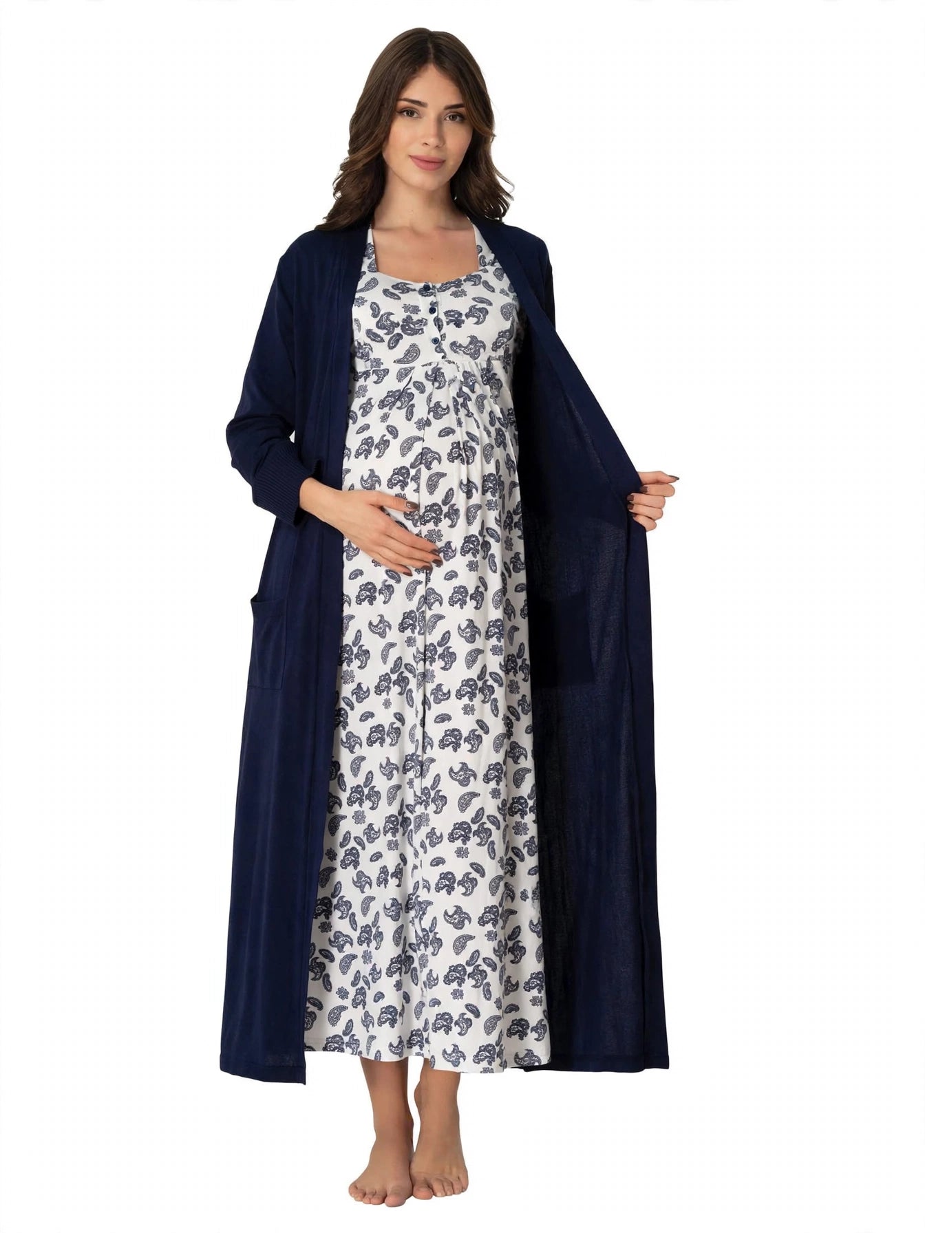 Ensemble 2 Pièces Maternité Allaitement - Chemise de Nuit + Kimono - Cotton