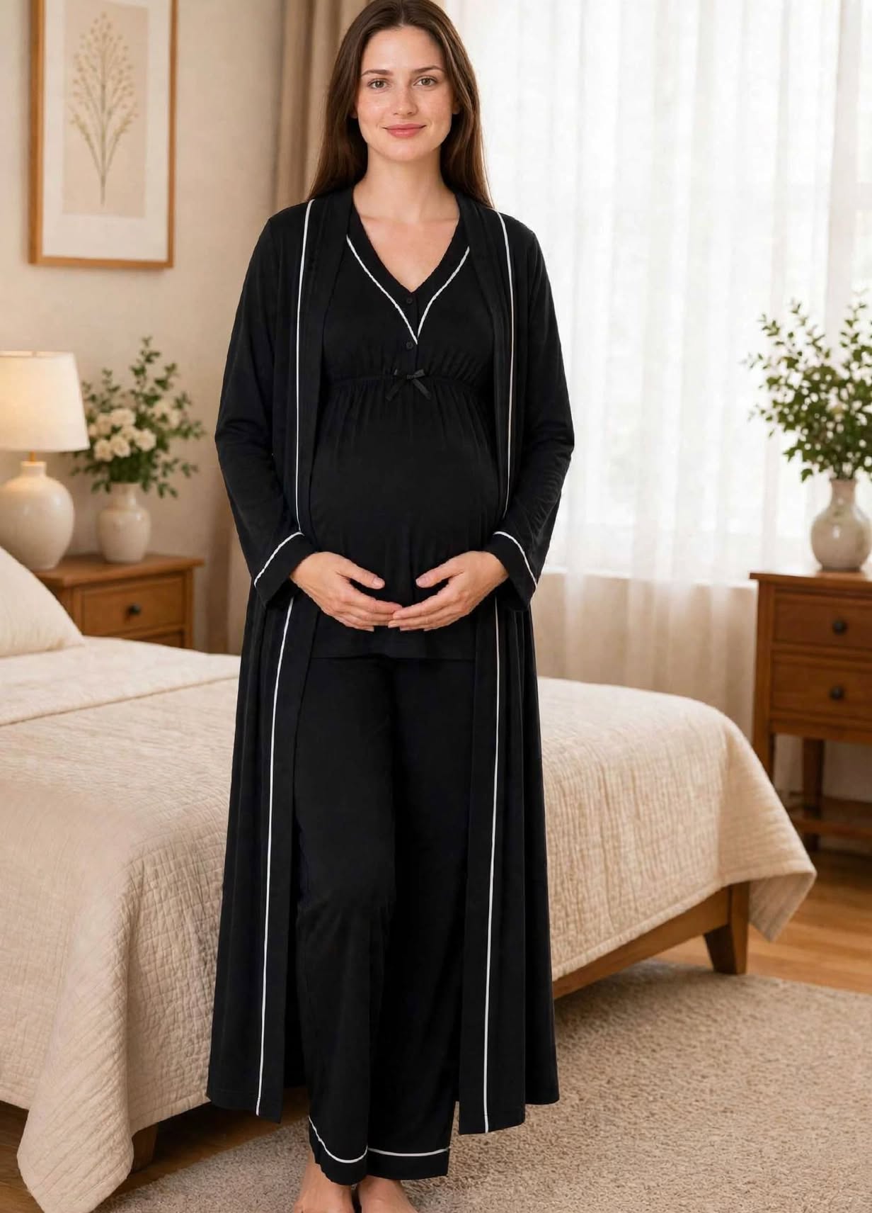 Ensemble 3 Pièces Maternité en Coton Bio - Pyjama d'Allaitement Doux | Pyjama Bruxelles