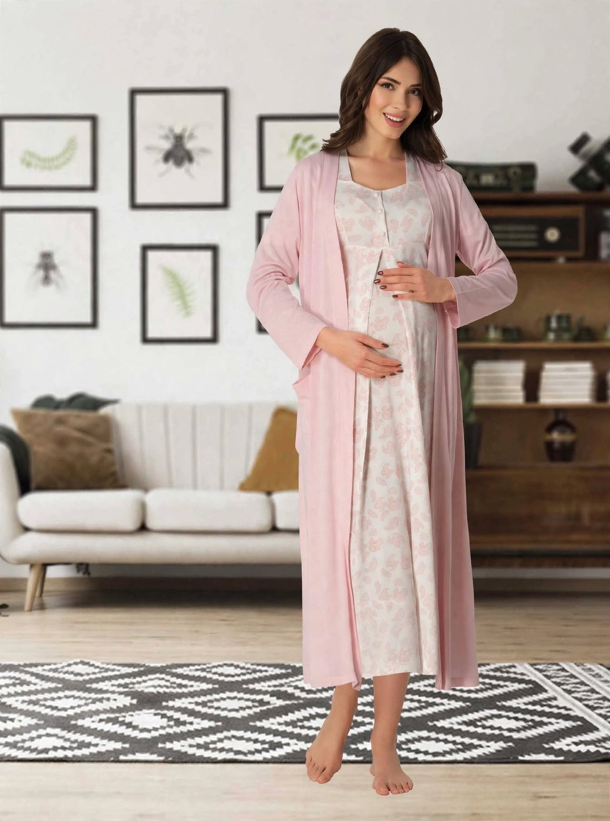Ensemble 2 Pièces Maternité Allaitement - Chemise de Nuit + Kimono - Cotton