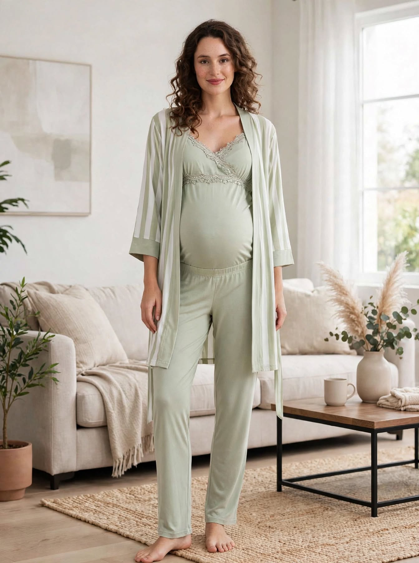 Ensemble Pyjama Maternité 3 Pièces Vert Sauge - Dentelle Coton - Grossesse & Allaitement - LunaBelle