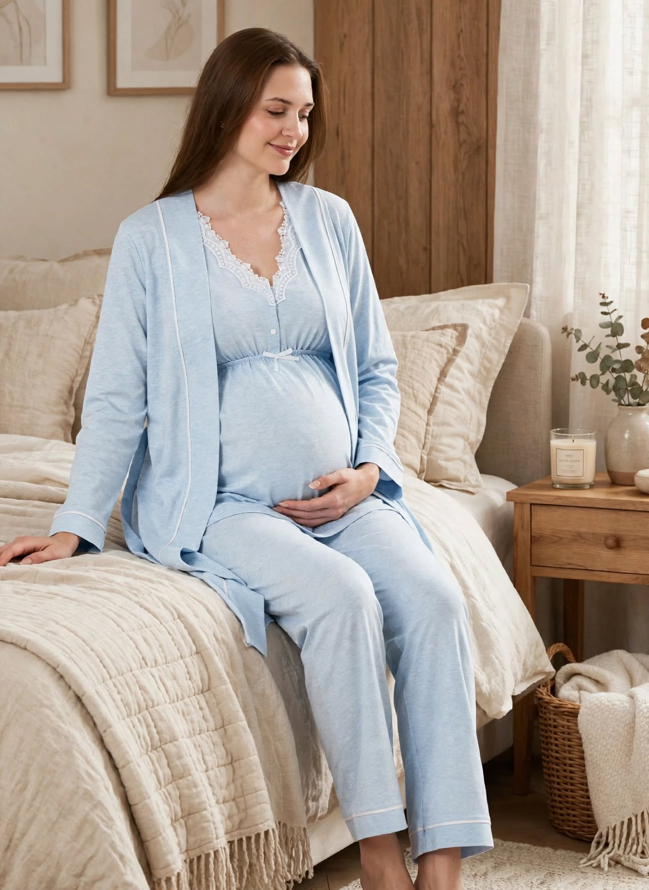 Pyjama Maternité 3 Pièces - Coton Doux avec Robe | Bleu Clair & Rose Pêche - Allaitement- Dentelle