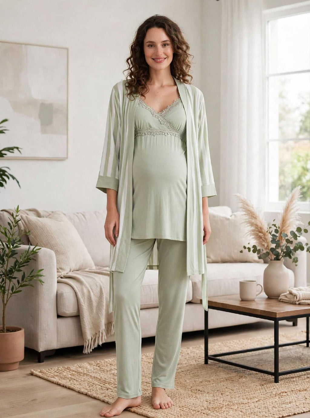 Ensemble Pyjama Maternité 3 Pièces Vert Sauge - Dentelle Coton - Grossesse & Allaitement - LunaBelle