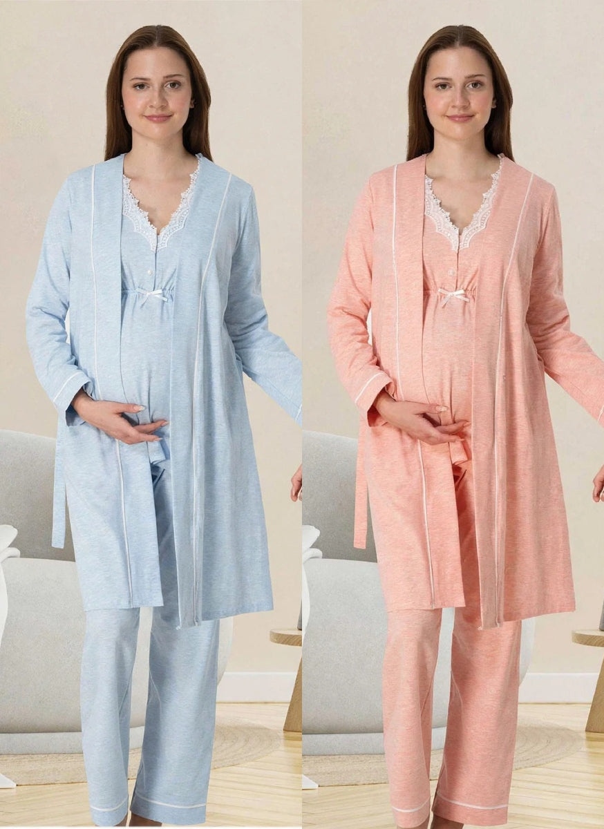 Pyjama Maternité 3 Pièces - Coton Doux avec Robe | Bleu Clair & Rose Pêche - Dentelle