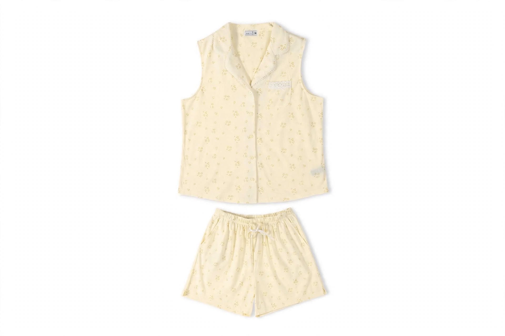 Pyjama Femme 100% Coton Sans Manches - Col Chemise - Jaune Pâle & Bleu Clair - Broderie Dentelle