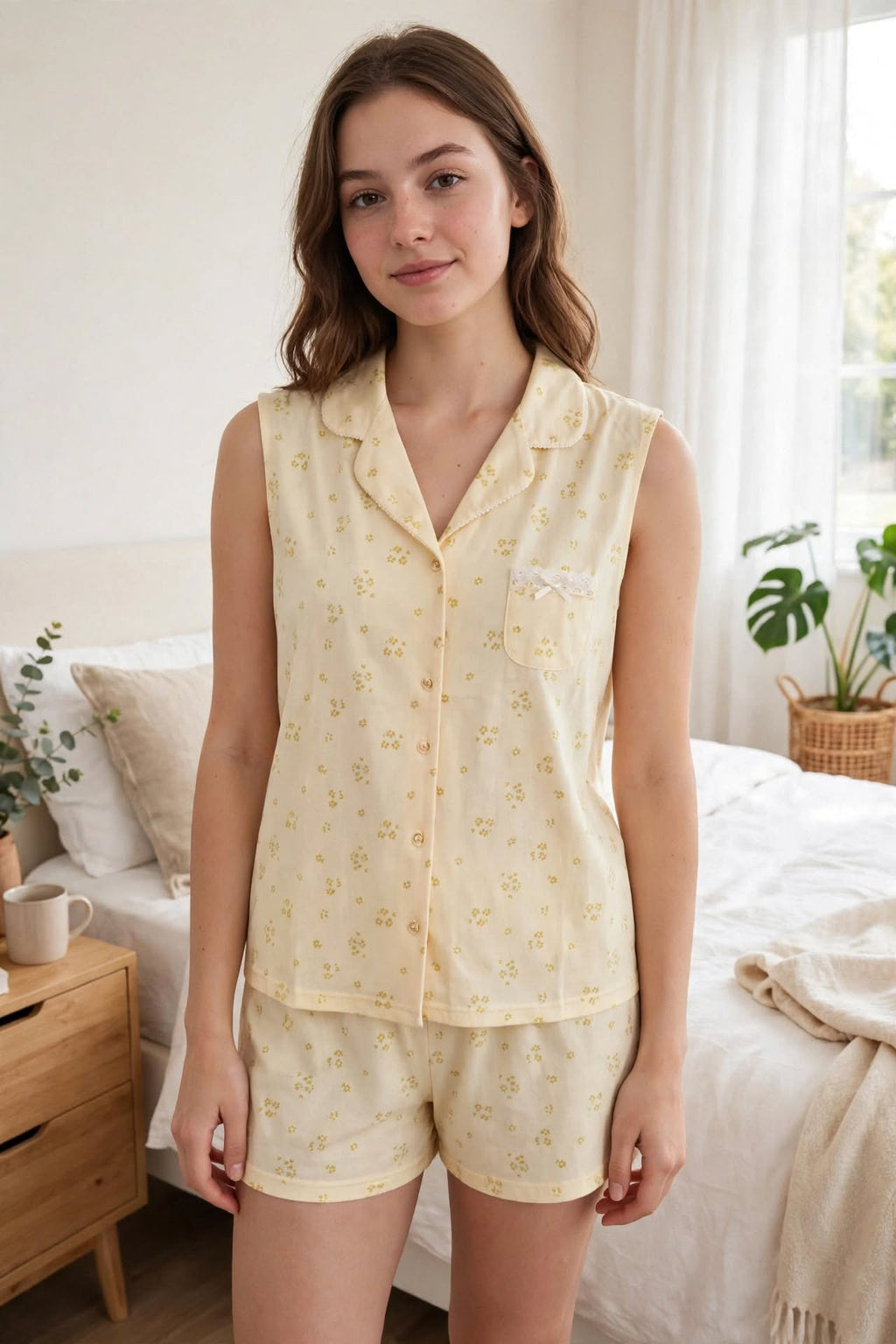 Pyjama Femme 100% Coton Sans Manches - Col Chemise - Jaune Pâle & Bleu Clair - Broderie Dentelle