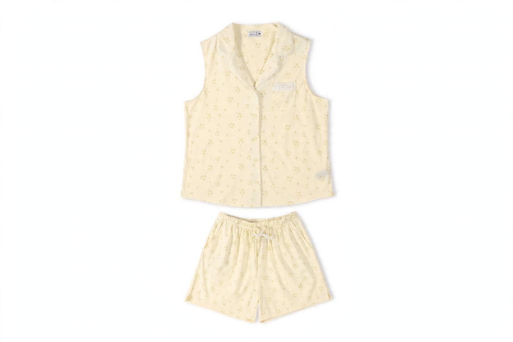 Pyjama Femme 100% Coton Sans Manches - Col Chemise - Jaune Pâle & Bleu Clair - Broderie Dentelle