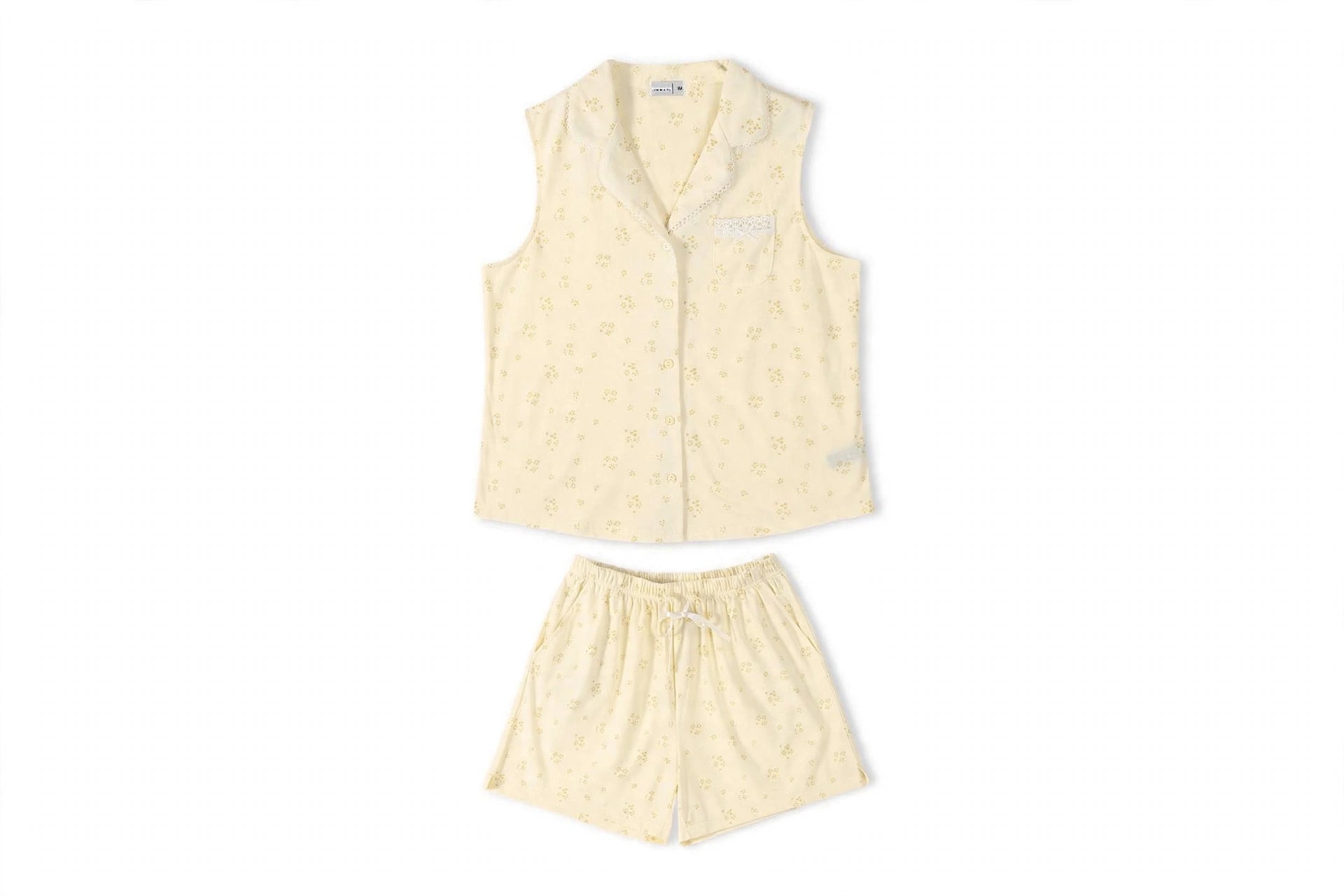 Pyjama Femme 100% Coton Sans Manches - Col Chemise - Jaune Pâle & Bleu Clair - Broderie Dentelle