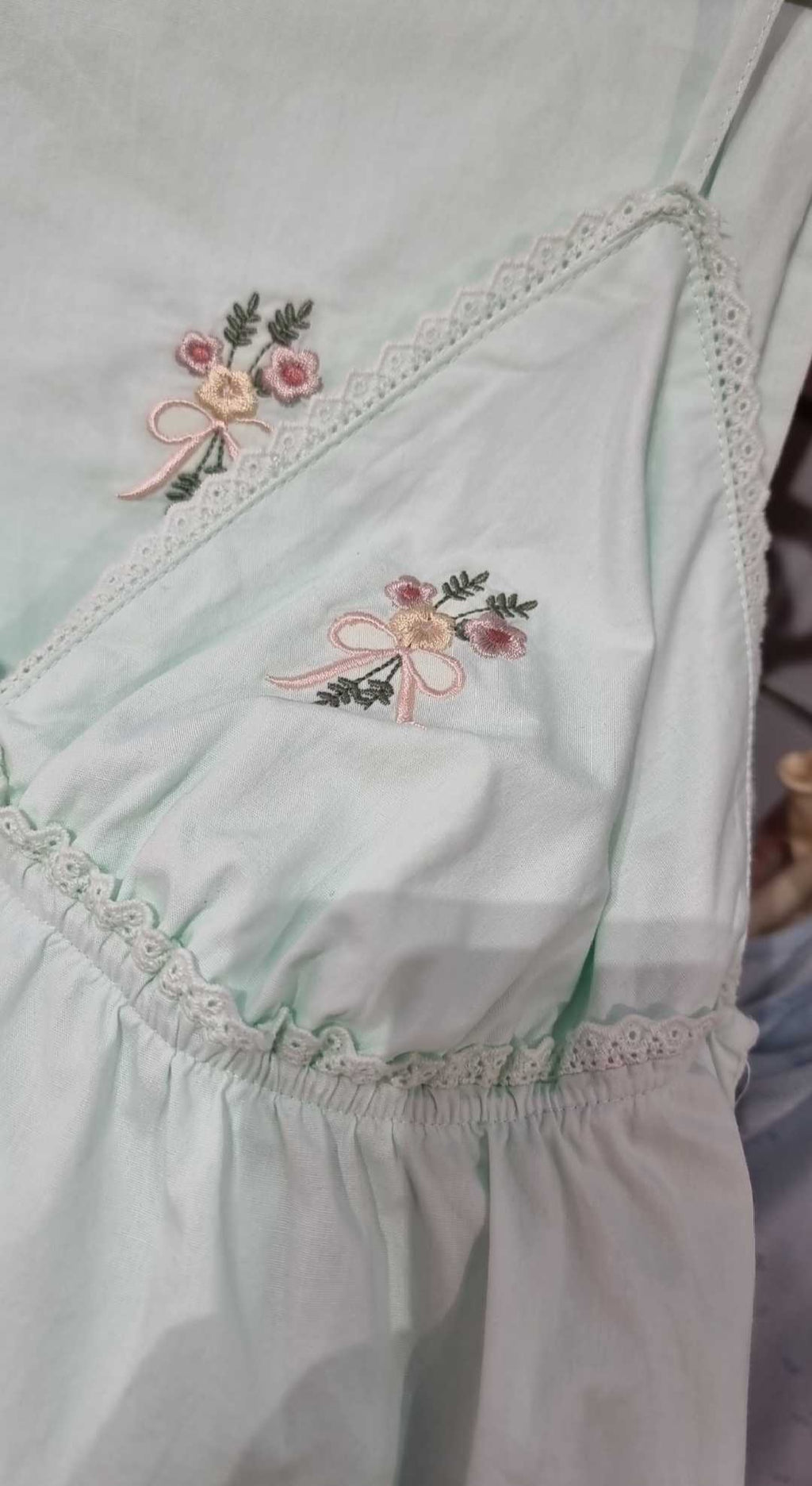 Ensemble Pyjama Femme Coton - Top à Bretelles + Short - Broderie Fleurs - Jaune Pâle / Vert Menthe