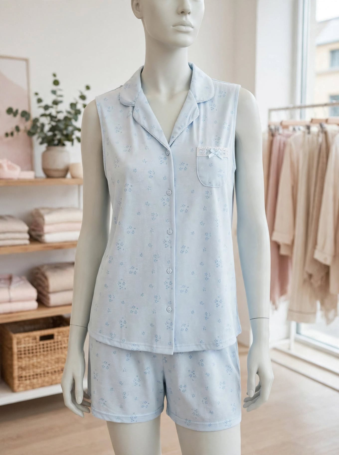 Pyjama Femme 100% Coton Sans Manches - Col Chemise - Jaune Pâle & Bleu Clair - Broderie Dentelle