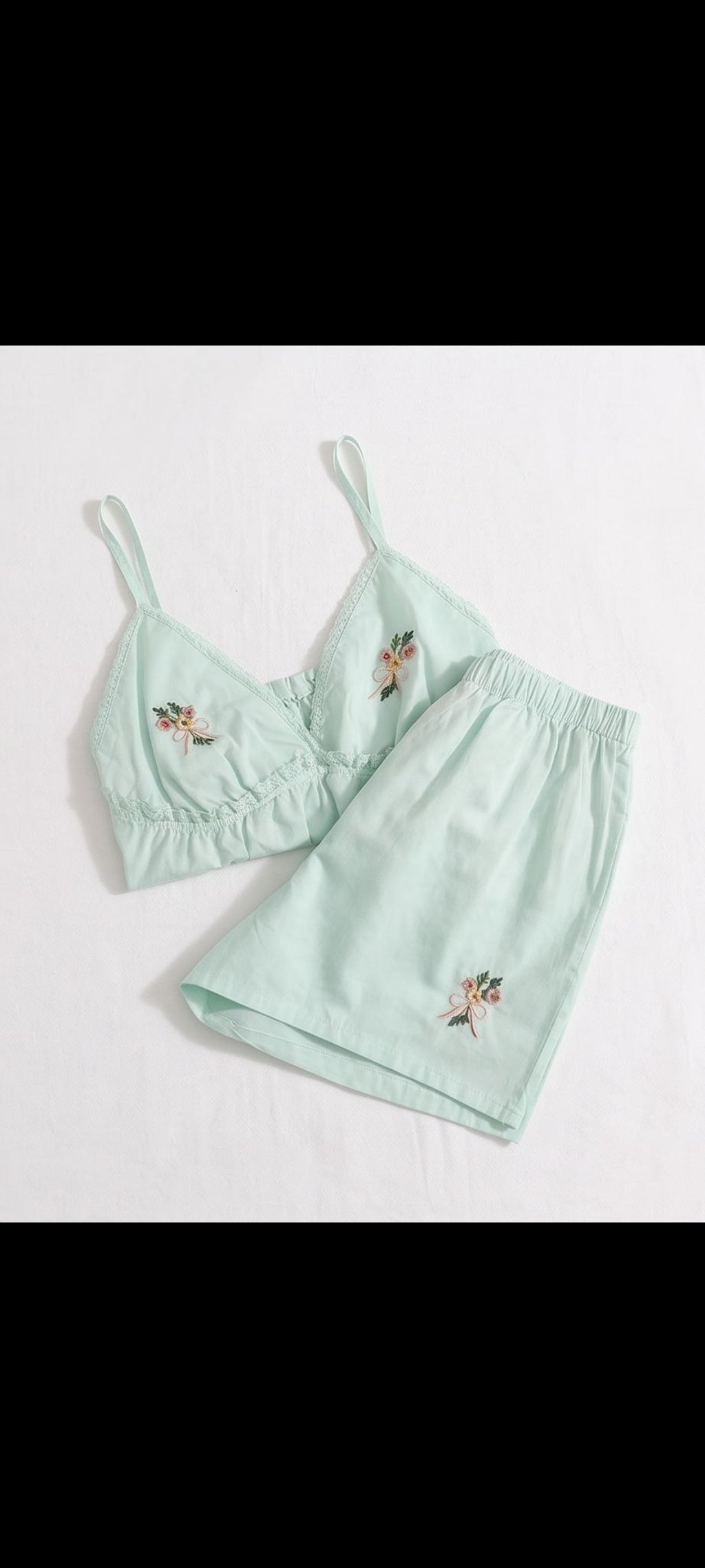 Ensemble Pyjama Femme Coton - Top à Bretelles + Short - Broderie Fleurs - Jaune Pâle / Vert Menthe
