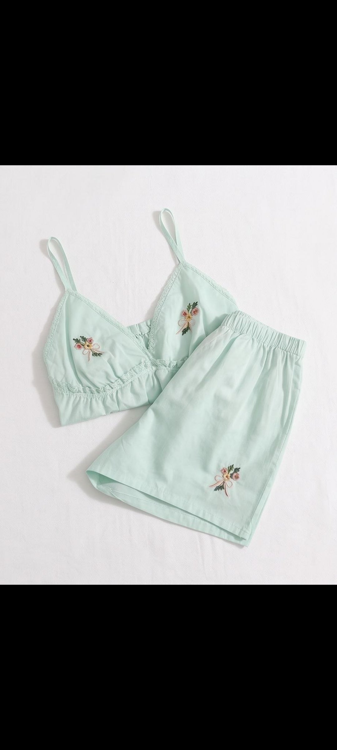 Ensemble Pyjama Femme Coton - Top à Bretelles + Short - Broderie Fleurs - Jaune Pâle / Vert Menthe