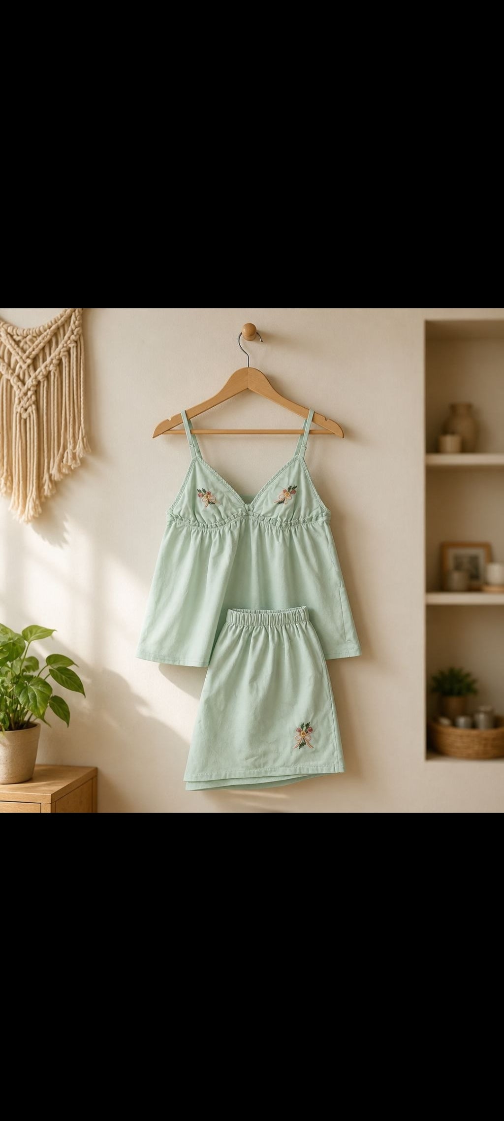 Ensemble Pyjama Femme Coton - Top à Bretelles + Short - Broderie Fleurs - Jaune Pâle / Vert Menthe