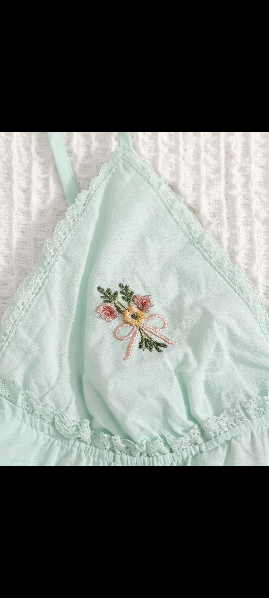 Ensemble Pyjama Femme Coton - Top à Bretelles + Short - Broderie Fleurs - Jaune Pâle / Vert Menthe