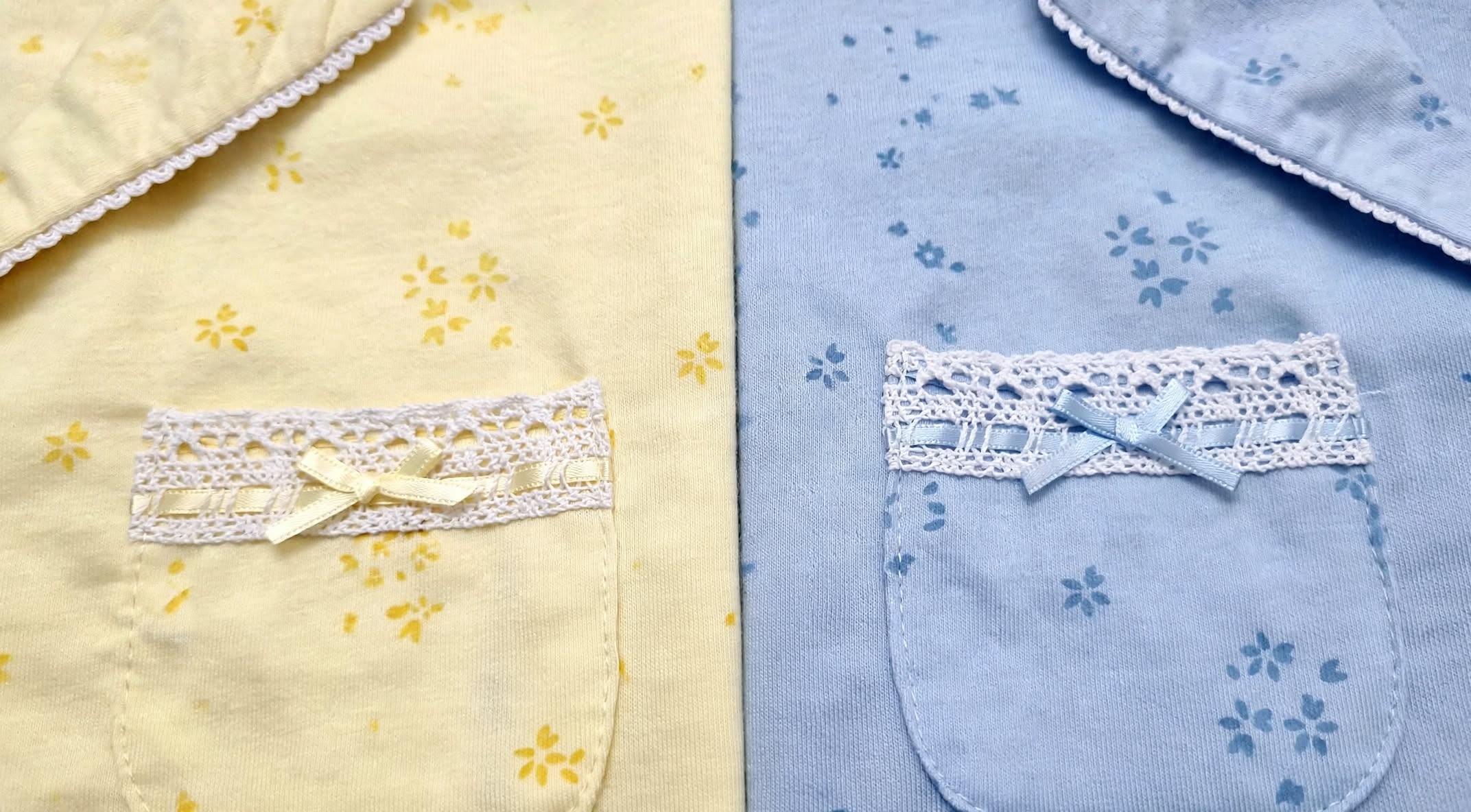 Pyjama Femme 100% Coton Sans Manches - Col Chemise - Jaune Pâle & Bleu Clair - Broderie Dentelle