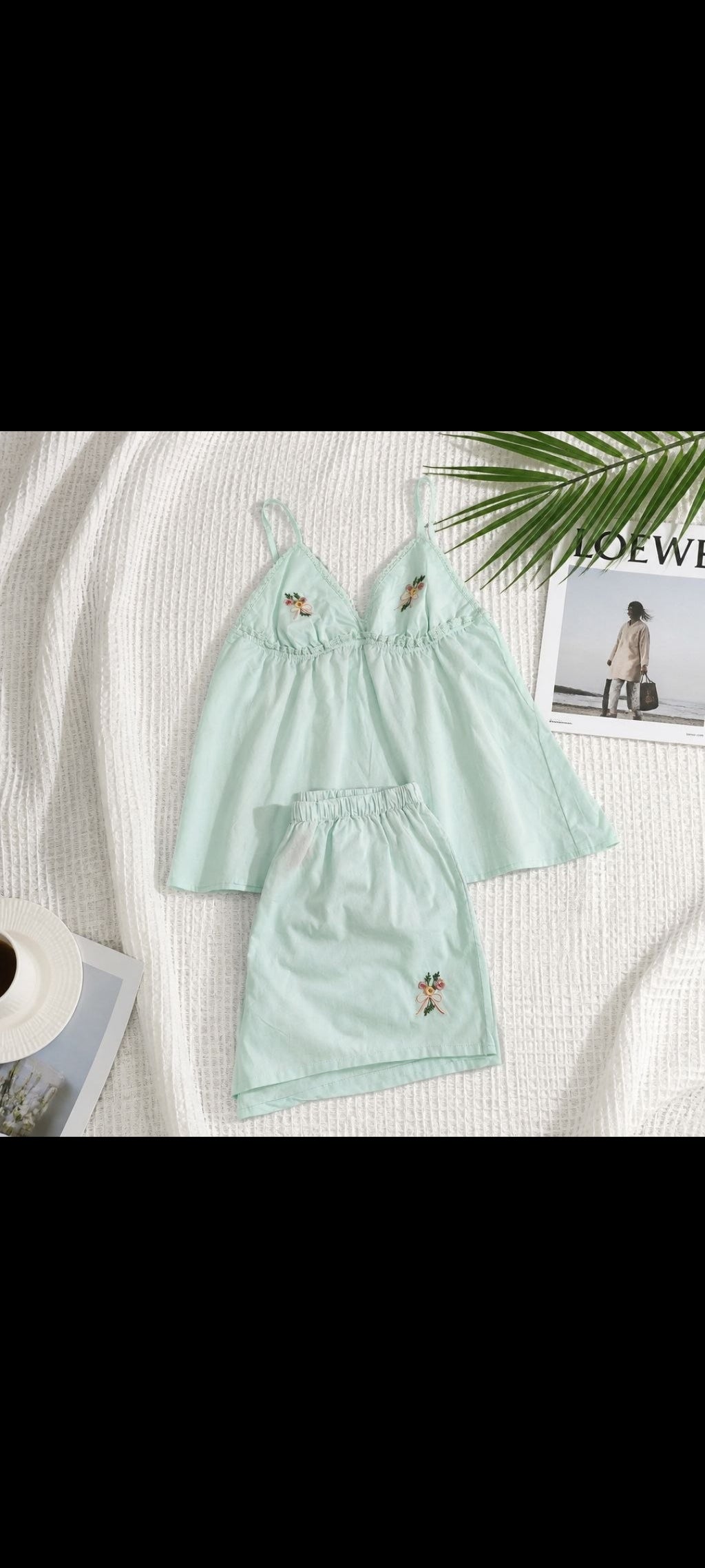 Ensemble Pyjama Femme Coton - Top à Bretelles + Short - Broderie Fleurs - Jaune Pâle / Vert Menthe