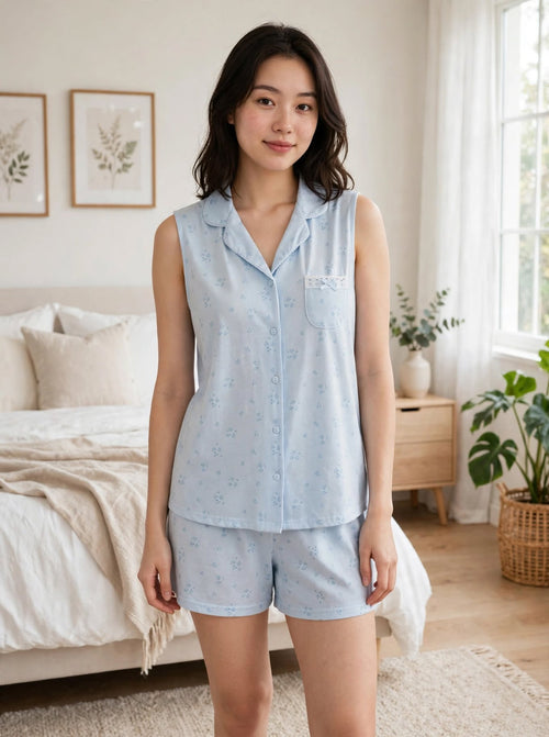 Pyjama Femme 100% Coton Sans Manches - Col Chemise - Jaune Pâle & Bleu Clair - Broderie Dentelle